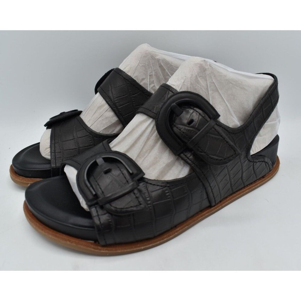 Sofftโ Womens Size 8.5 Adalia Croc Embossed Black Suede Leather Sandals Shoes